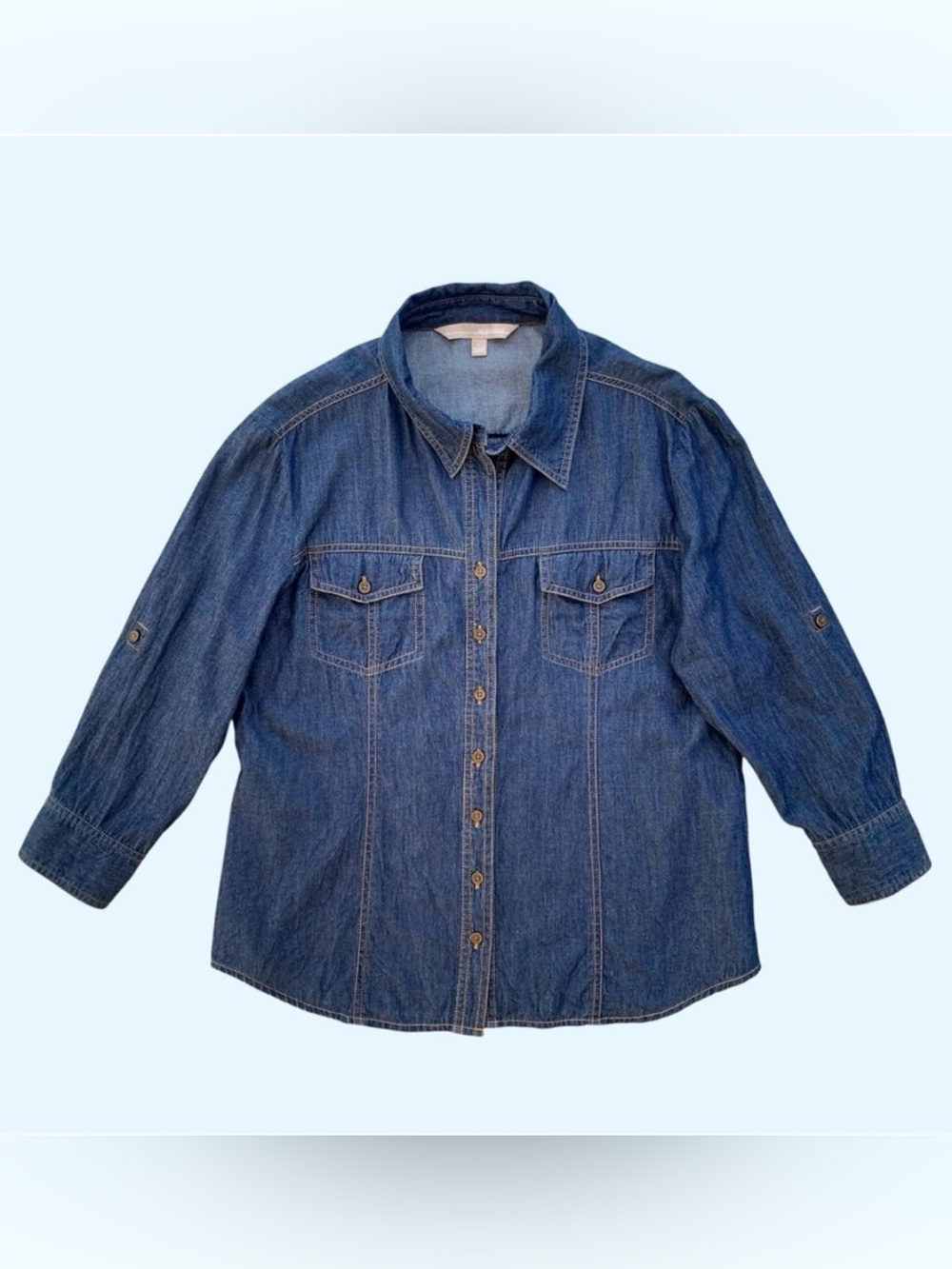 Appraisal Blue Denim 3/4 Length Roll-Up Sleeves Western Shirt ~ Women’s Large